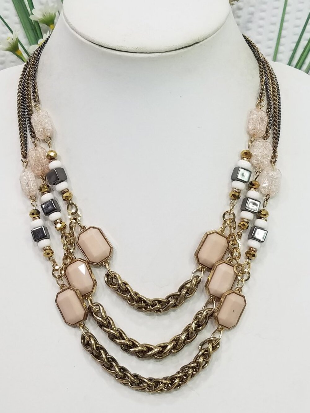 Vintage Signed NY Beige Crystal & Gunmetal Bead Gold Tone Multi Strand Necklace